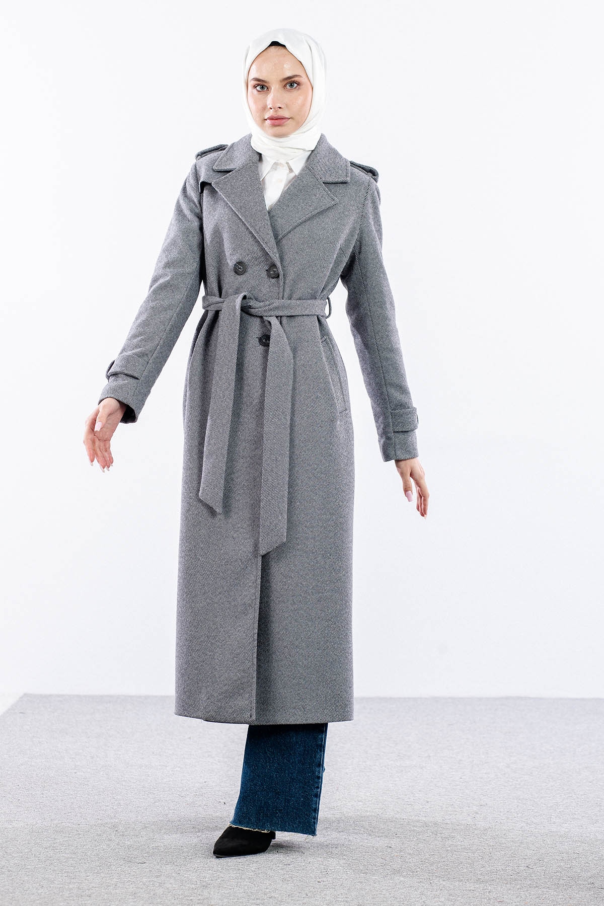 F-1572 Kaşe Kaban 38-48 Baliksirti - Gri - 2