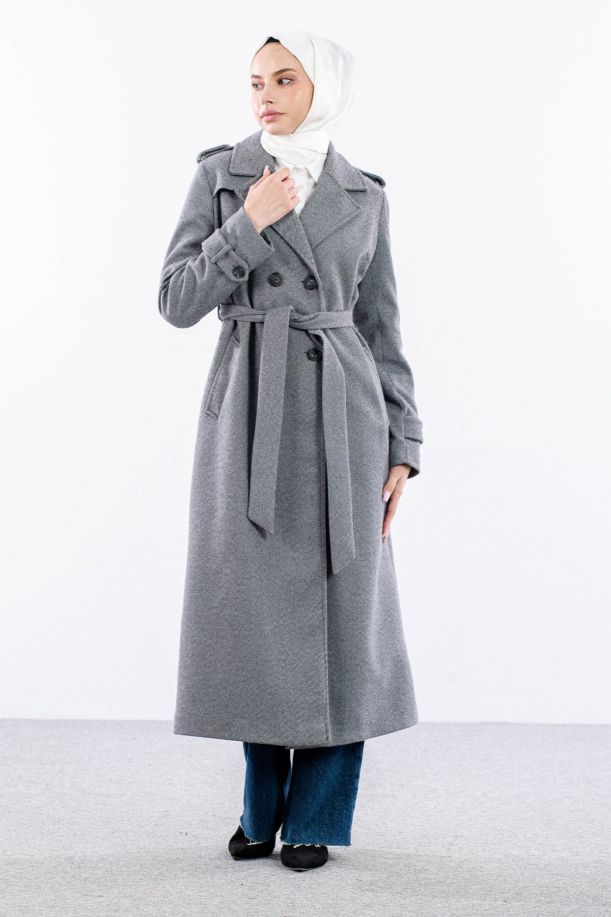 F-1572 Kaşe Kaban 38-48 Baliksirti - Gri - 3