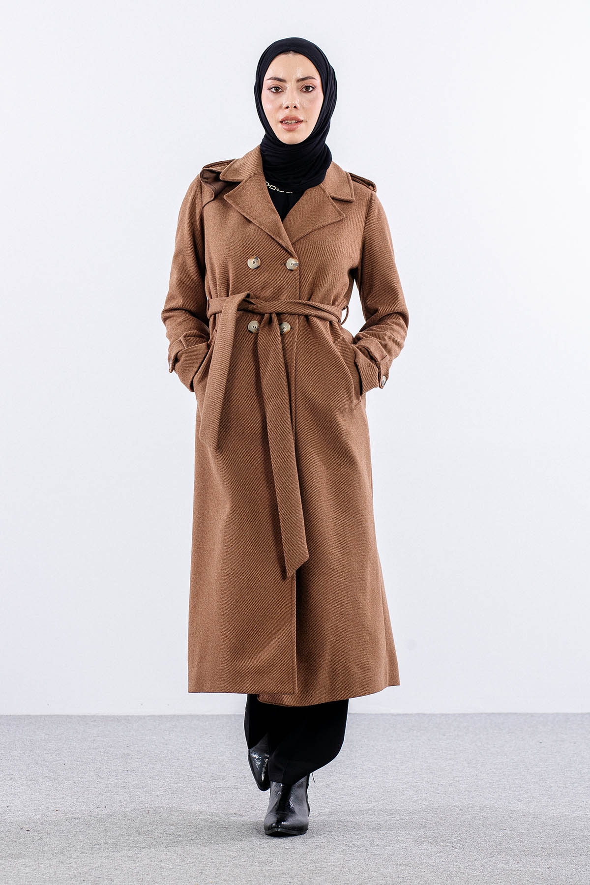 F-1572 Kaşe Kaban 38-48 Baliksirti - Kahve - 1