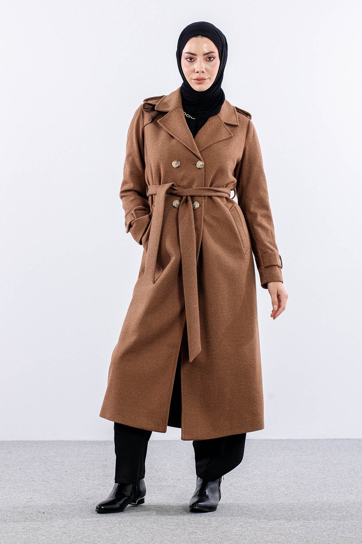 F-1572 Kaşe Kaban 38-48 Baliksirti - Kahve - 2