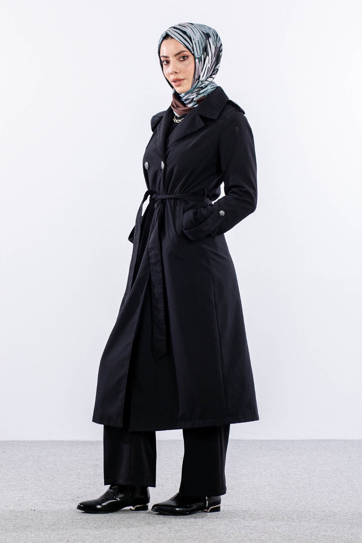 F-1582 Trençkap 38-48 Araboy - Siyah - 2