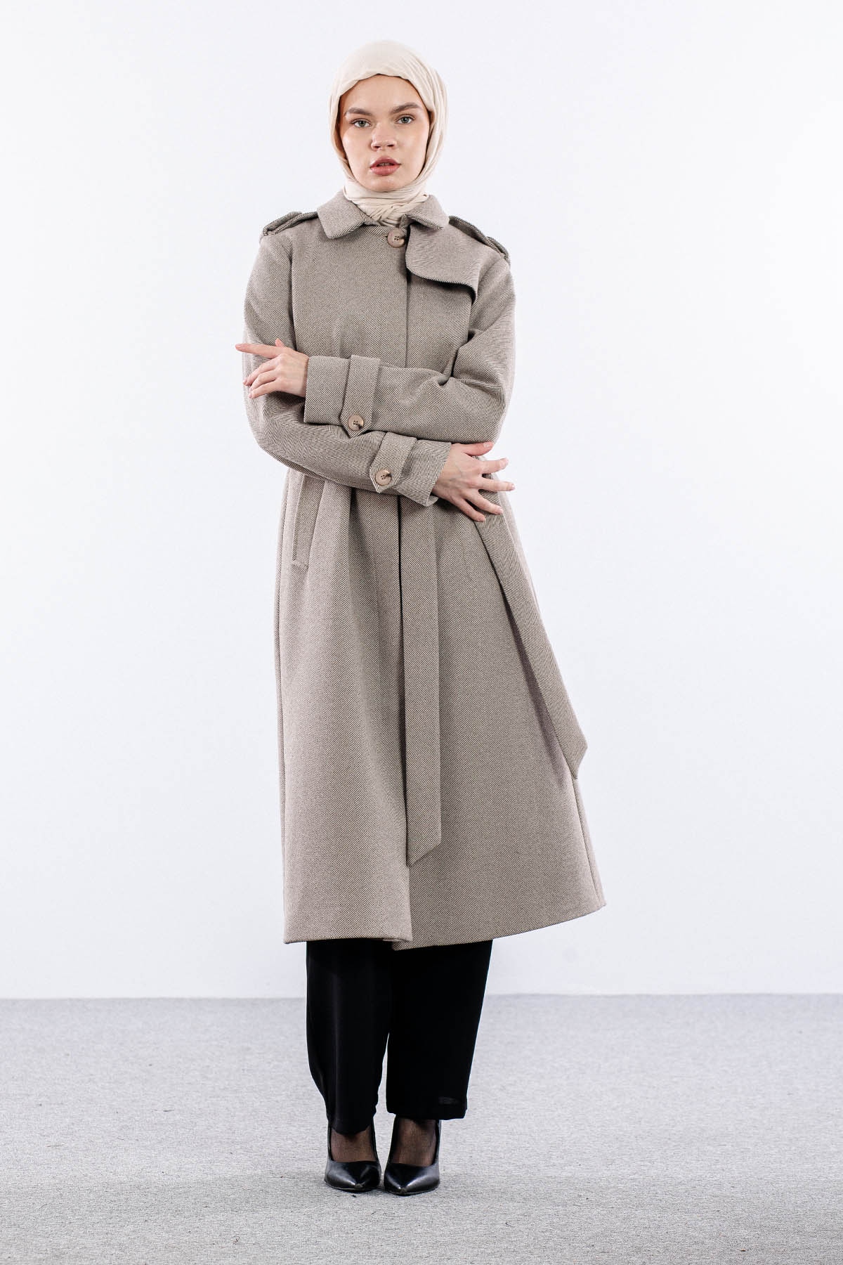 F-1586 Kaşe Kaban 38-48 Baliksirti Fermuarli - Kahve - 3