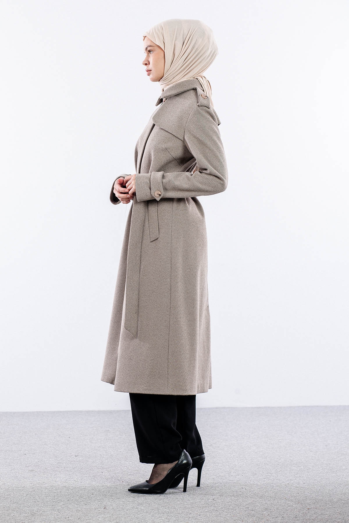 F-1586 Kaşe Kaban 38-48 Baliksirti Fermuarli - Kahve - 5