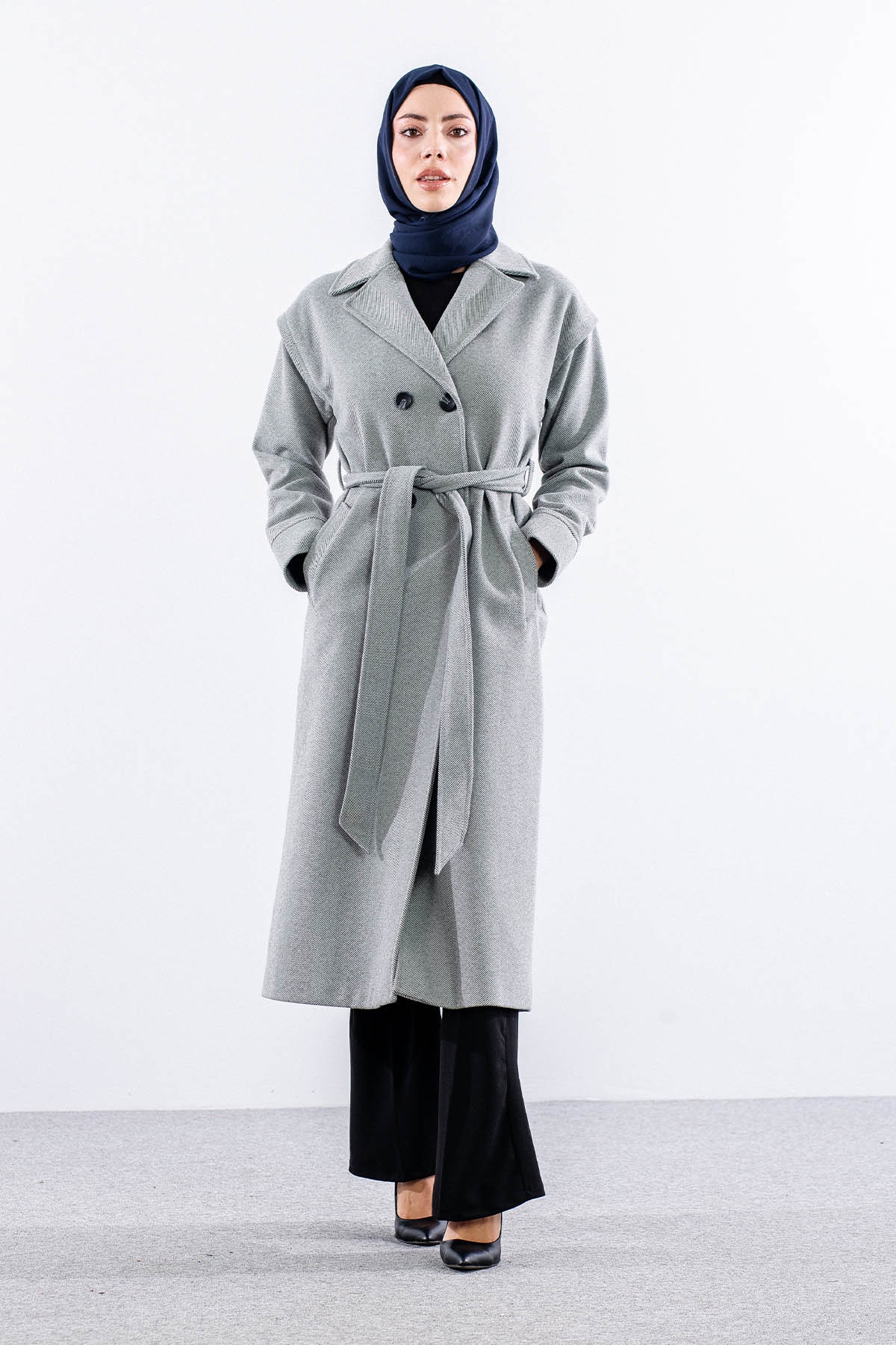 F-1595 Kaşe Kaban 38-48 Takma Kol Balıksırtı - A_gri - 1