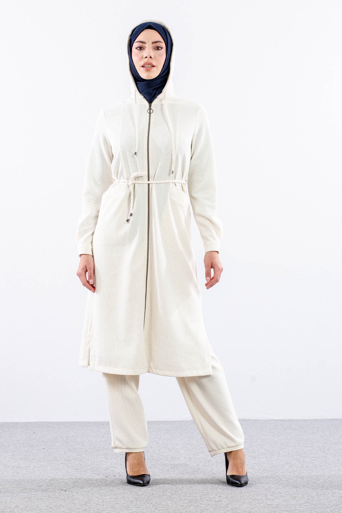 F-1598 Takim 38-48 Kapsonlu Fermuarli - Ekru - 1