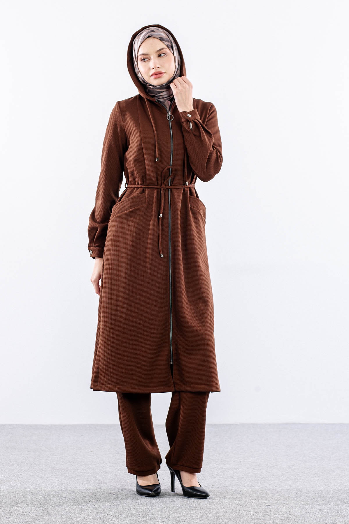 F-1598 Takim 38-48 Kapsonlu Fermuarli - Kahve - 1