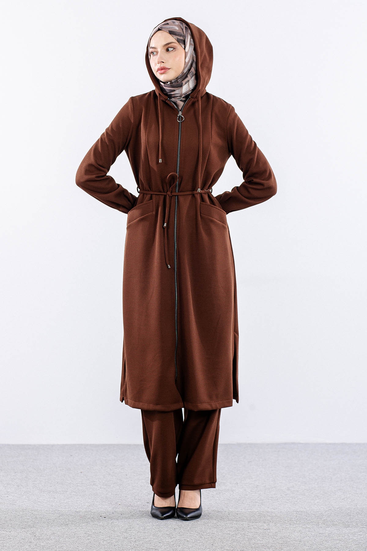 F-1598 Takim 38-48 Kapsonlu Fermuarli - Kahve - 2