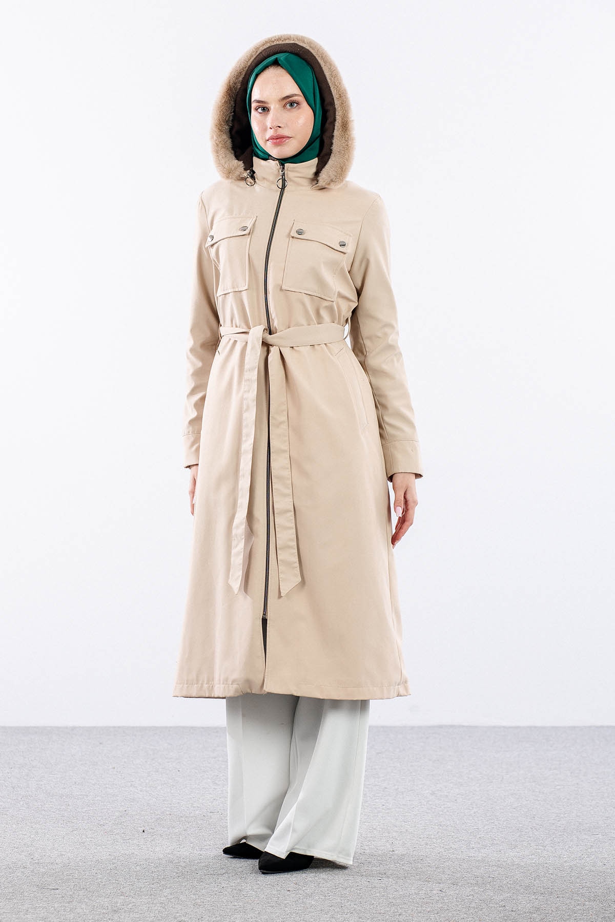 F1580 Parka 38-48 Kurklu Kapson - Bej - 4