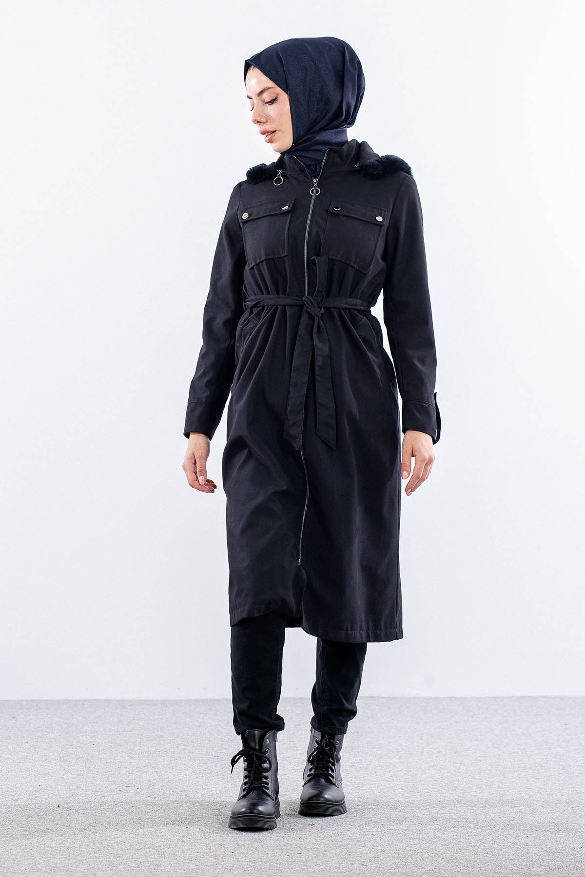 F1580 Parka 38-48 Kurklu Kapson - Siyah - 2