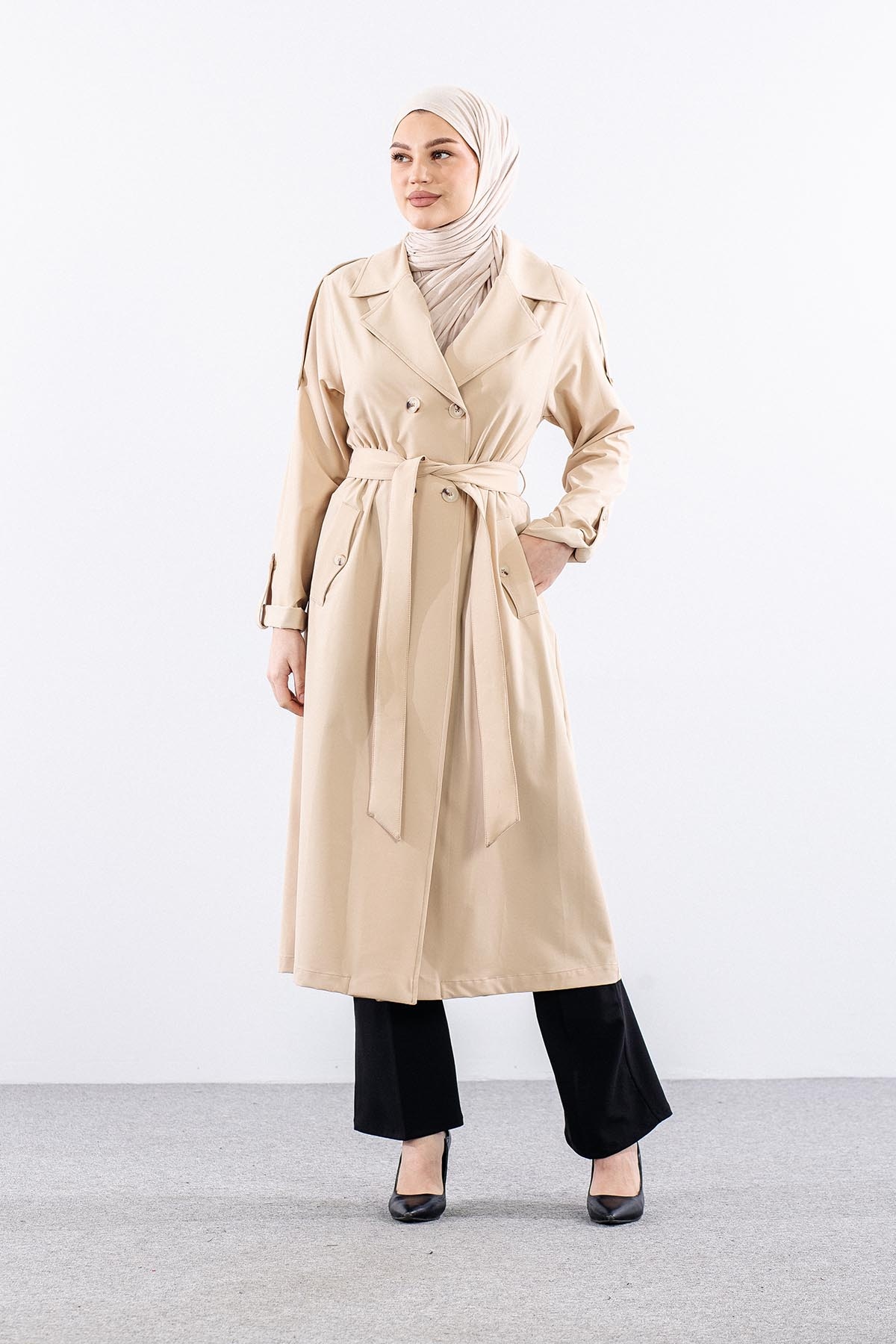 G-1513 Trençkot 38-46 42 Beden çi̇ft - Bej - 1