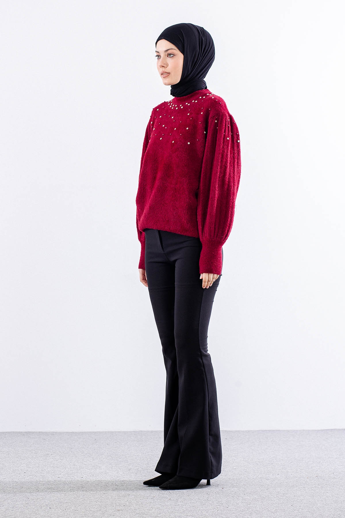 N24117 Triko Kazak Tek Sakalli - Bordo - 3