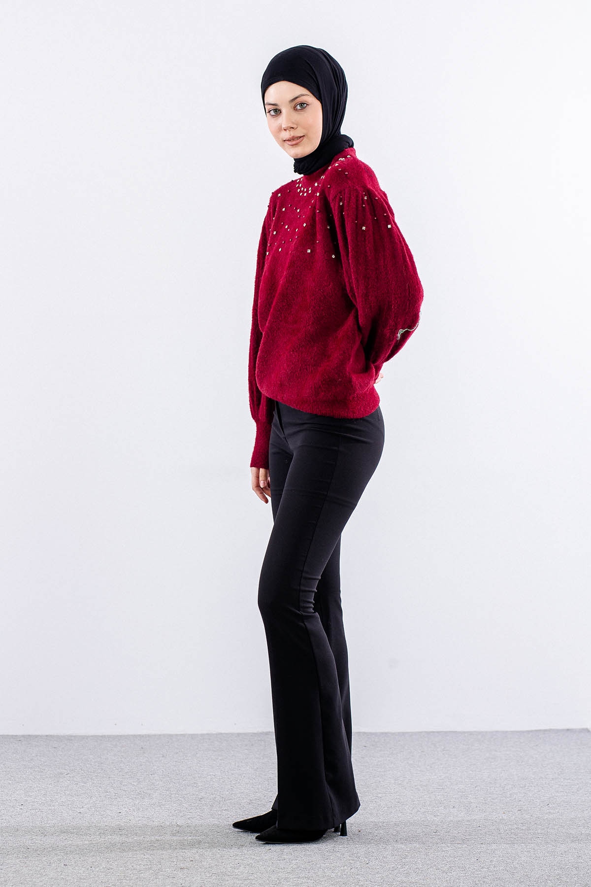 N24117 Triko Kazak Tek Sakalli - Bordo - 4