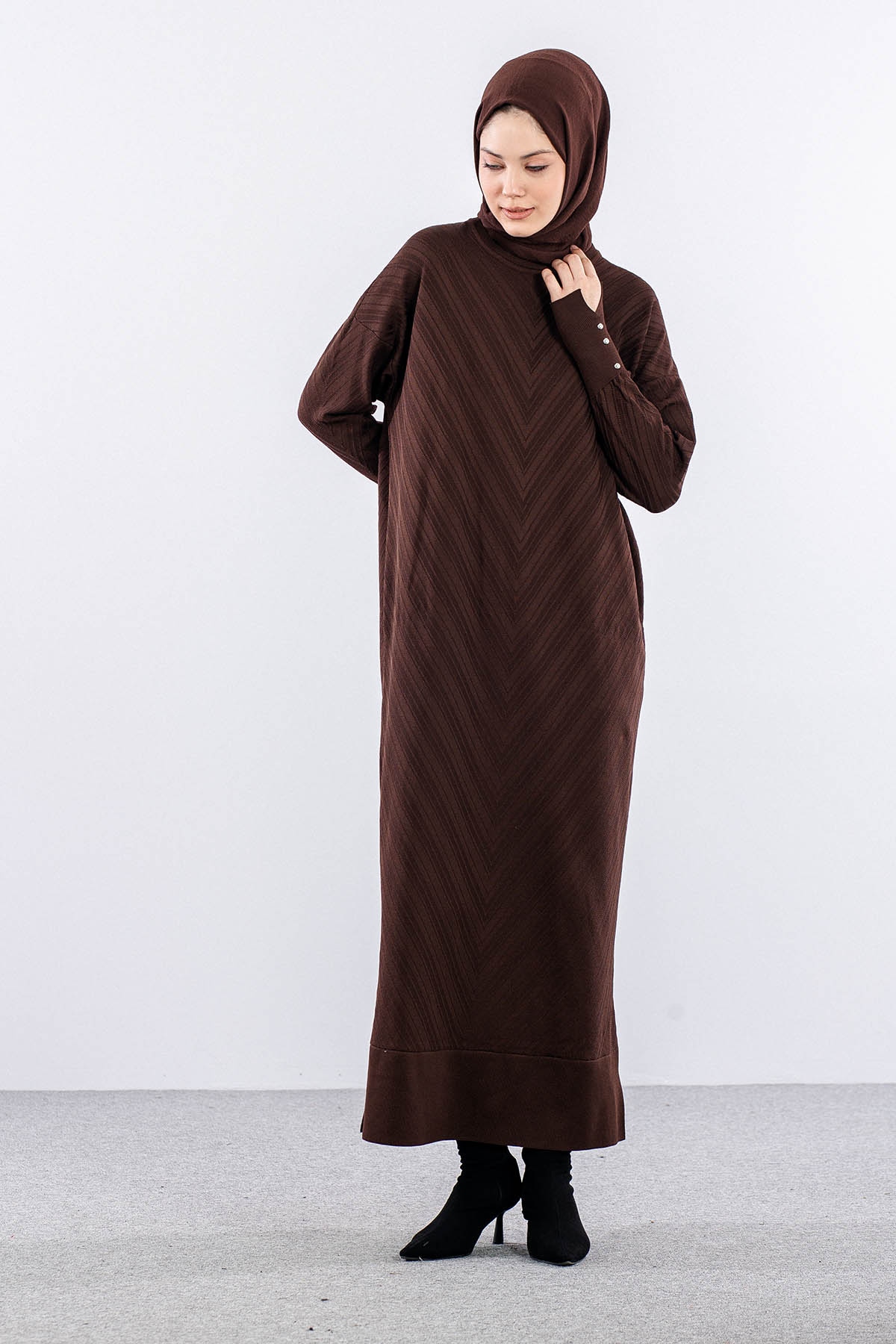 N337 Triko Elbise Tek - Kahve - 6