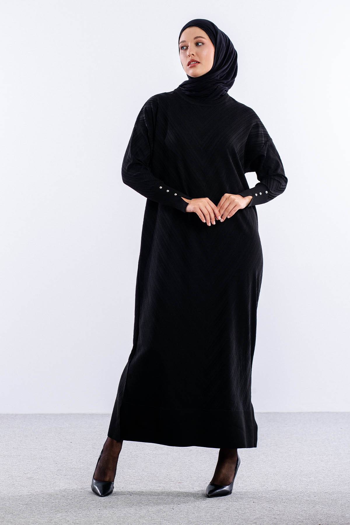 N337 Triko Elbise Tek - Siyah - 1