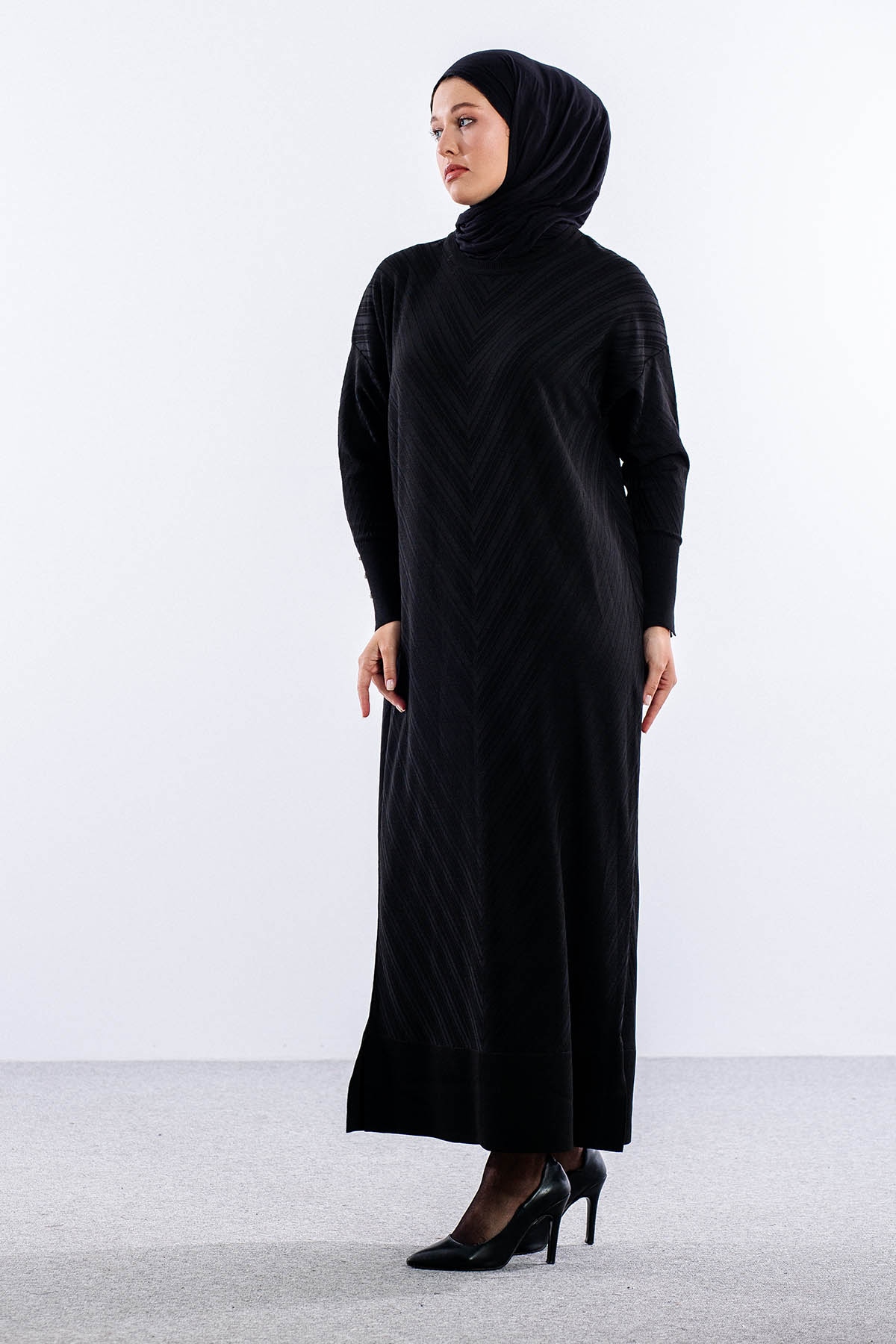 N337 Triko Elbise Tek - Siyah - 2