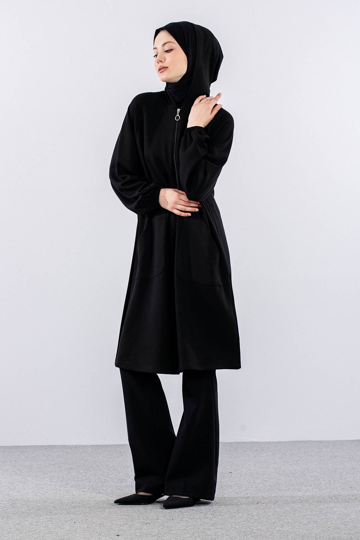 N5015 Triko Tunik Tek Kolda Dugme Detay - Siyah - 3